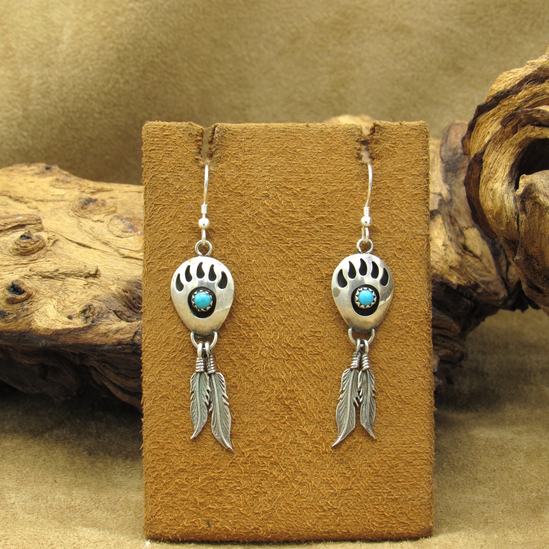 Vintage Sterling Silver Turquoise Shadowbox Bear Paw Feather Dangle ...