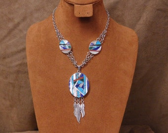 Vintage Multi-Stone Inlay Sterling Silver Necklace
