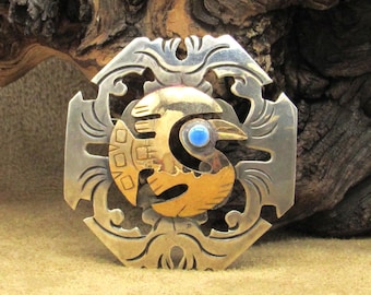 Old Cuzco Peruvian Sterling Silver and 18K Gold Blue-Enamel-Eye Condor Pin