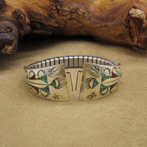 Vintage Zuni Sterling Silver Multi Stone Inlaid Watchband by  display picture 3