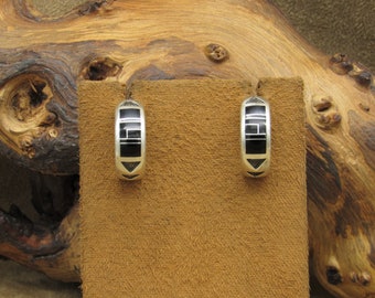 Sterling Silver and Jet Inlay Hoop Earrings