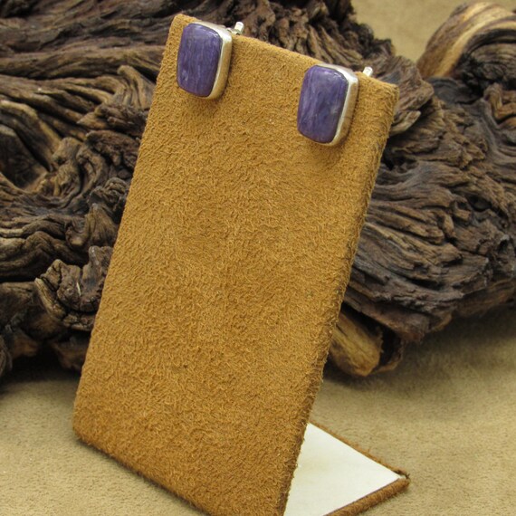 Sterling Silver and Charoite Rectangular Clip on … - image 3