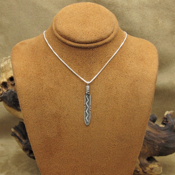 Sterling Silver Feather Pendant with Zig Zag Center 18" Necklace