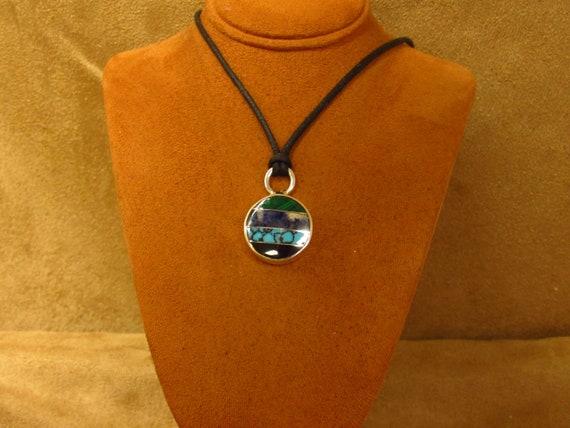 Sterling Silver Inlaid Round Pendant Necklace - image 2