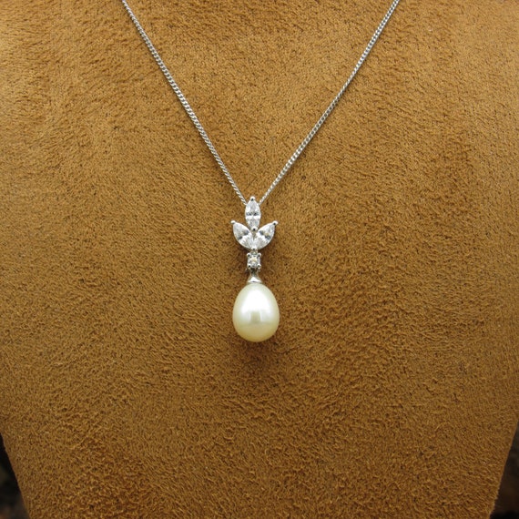 Sterling Silver Clear Stones And Pearl Necklace - image 1