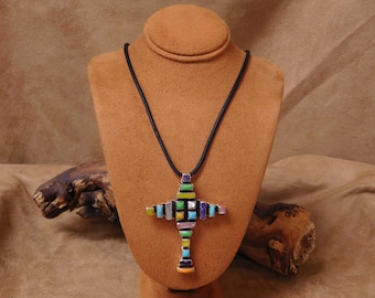 Large Vintage Sterling Silver and Faux Multi Stone Cross Necklace
