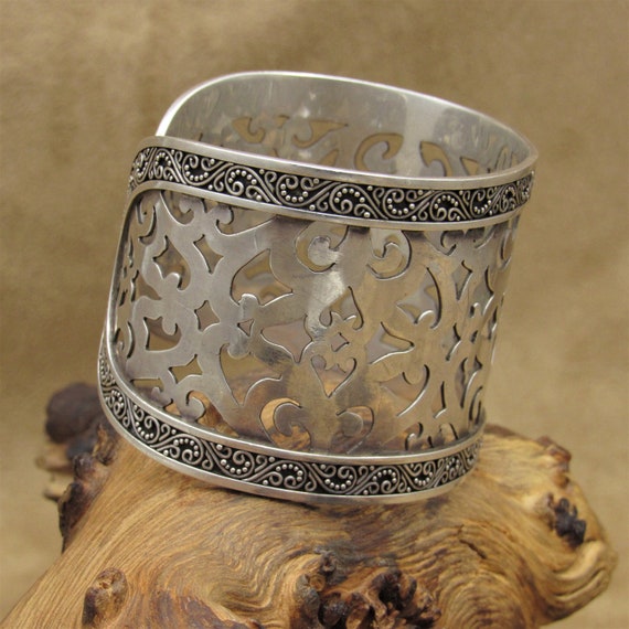 Sterling Silver Open Work Cuff Bracelet with Band… - image 2