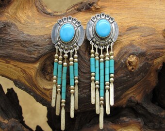 Sterling Silver Block Turquoise Concho Post Earrings with Dangles