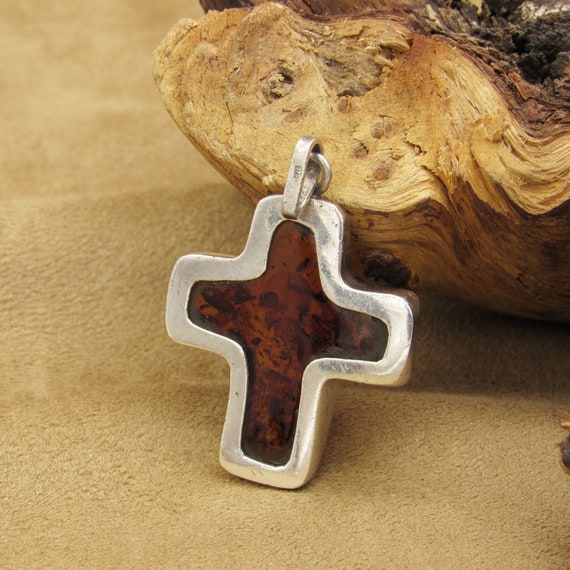 Sterling Silver and Amber Cross Pendant - image 4