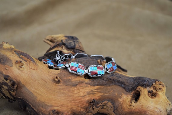 Coral and Lab-Created Opal Sterling Silver Link Bracelet