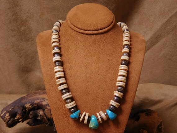 Native American Incredible Vintage Navajo Heishi Turquoise Long Shell Sterling Silver Necklace Native American Incredible Vintage Navajo Heishi Turquoise Long Shell Sterling Silver Necklace