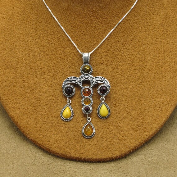 Sterling Silver Dangle Pendant Multi-Colored Ambe… - image 2