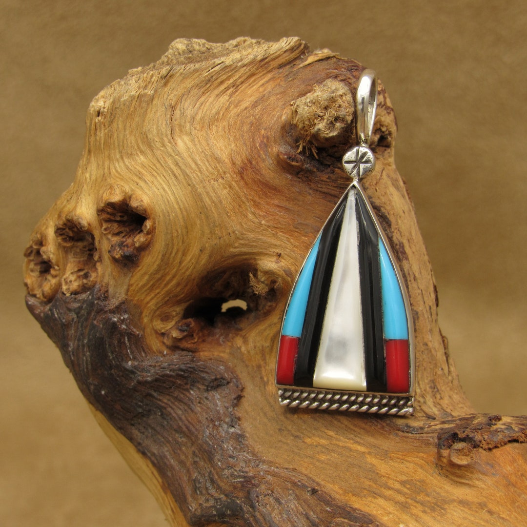 Vintage Sterling Silver Inlay Pendant With Mother of Pearl, Coral, Onyx ...
