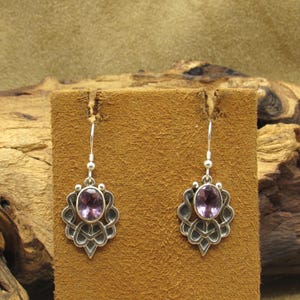 Celtic Style Sterling Silver Dangle Earrings with Purple Faceted Stone