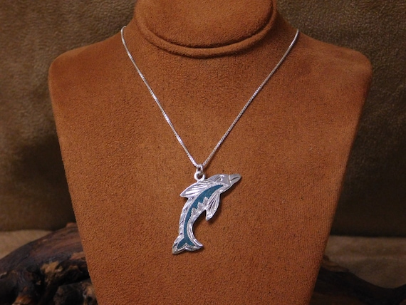 Vintage Sterling Silver And Faux Turquoise Dolphi… - image 1