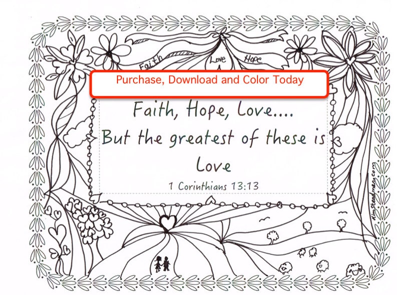 Faith Hope Love Downloadable Coloring Page Scripture Bible Valentines Day image 1