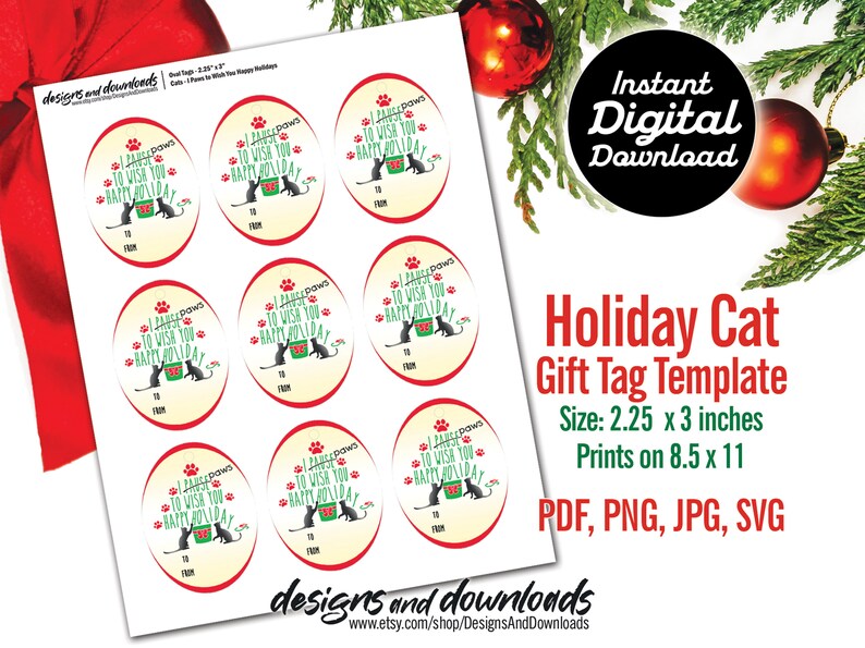 Holiday Cat Gift Tag Template I Paws to Wish You Happy Holidays image 2