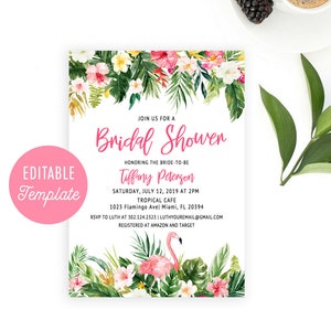 Tropical Bridal Shower Invitation Template, Summer Bridal Shower Invite, Flamingo Bridal shower invitation, Luau Shower, Editable Template
