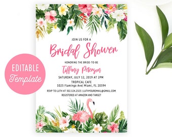Tropical Bridal Shower Invitation Template, Summer Bridal Shower Invite, Flamingo Bridal shower invitation, Luau Shower, Editable Template