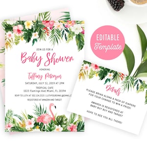 Tropical Baby Shower Editable Template, DIY Luau Party Invitation Printable, Flamingo Baby Shower Invites, Hawaiian Baby Shower Invitation