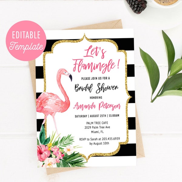 Let's Flamingle Tropical Bridal Shower Invitation Template, Luau Bridal Shower Invite, Flamingo Invitation Editable, Summer Bridal Shower