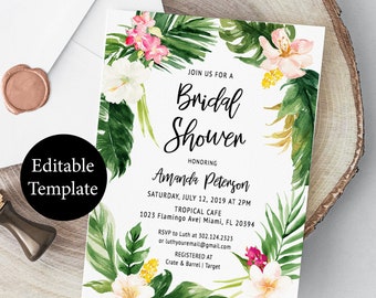 Tropical Bridal Shower Invitation Template, Summer Bridal Shower Invite, Hawaiian Bridal Shower Template, Printable Invite Editable Template