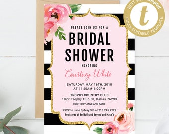 Bridal Shower Invitation, Floral Bridal Shower Invitation, Editable Template, DIY Bridal Shower Invite,