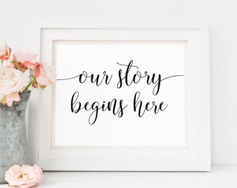 Our Story Begins Here, Our Story Sign, Happy Marriage Sign, Simple Wedding Sign, Modern Wedding Sign, Calligraphy Sign, Wedding Day Sign