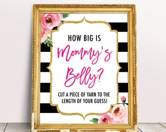 How Big Is Mommy's Belly Sign, Kate Baby Shower Games, Floral Baby Shower Belly Game, DIY Baby Shower Ideas, Guess Mommy Instant Download