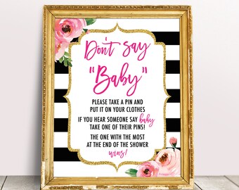 Don't Say Baby Baby Shower Game Sign, Kate Baby Shower Printable, Pink ClothesPin Games, Floral Baby Shower Activity, Clothes Pin Game DIY