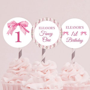 Fancy One Birthday Topper, Girls 1st Birthday Cake Topper Templates, Pink Bow Birthday Decorations, Coquette Cupcake Topper, Birthday Topper