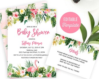 Tropical Baby Shower Editable Template, DIY Luau Party Invitation Printable, Flamingo Baby Shower Invites, Hawaiian Baby Shower Invitation