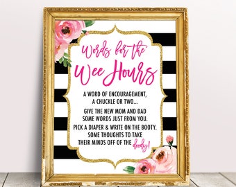 Words For The Wee Hours Kate Baby Shower Games, Words of Wisdom, Late Night Diapers, DIY Floral Baby Shower Printable, Pink Diapers Thoughts