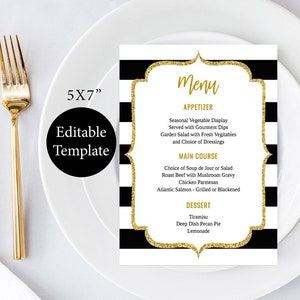 5x7 Menu Template, Black and Gold Menu Cards, Printable Menu, Reception Menu, Stripe Wedding Menu Cards, DIY Menu, Black and Gold Party Menu image 1