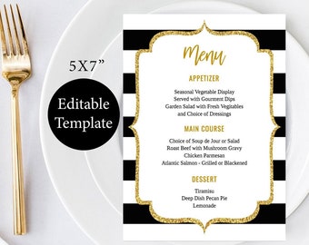 5x7 Menu Template, Black and Gold Menu Cards, Printable Menu, Reception Menu, Stripe Wedding Menu Cards, DIY Menu, Black and Gold Party Menu