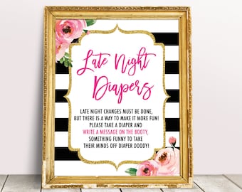 Late Night Diapers Sign, Baby Shower Game, Kate Baby Shower Printable, Diaper Message Game, Girl Baby Shower Decorations, Diapers Thoughts