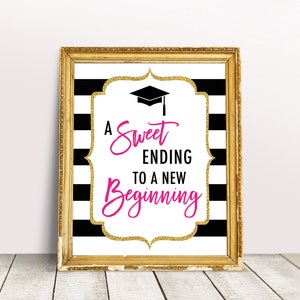 Kate Graduation Party Decoration, A Sweet Ending To A New Beginning Sign, College Graduation Dessert Table Sign, Pink Graduation Printable