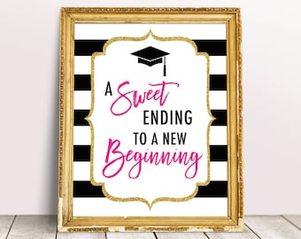 Kate Graduation Party Decoration, A Sweet Ending To A New Beginning Sign, College Graduation Dessert Table Sign, Pink Graduation Printable