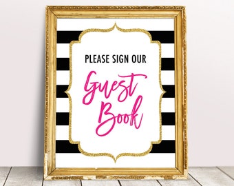 Kate Guest Book Sign, Spade Bridal Shower Decor, Kate Baby Shower, Sign Our Guestbook Printable, Black White Stripe Wedding Guestbook