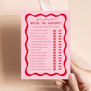 Retro Bachelorette Games, He Said She Said Game, Guess Who Said It Bride or Groom, Pink and Red Hen Party Games, Wavy Bridal Shower Games 22