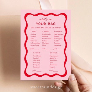 Retro Bachelorette Party Games, What's In Your Bag, Bridal Shower Games , Pink and Red Hen Party Games, Wedding Shower Games 70s Wavy 22