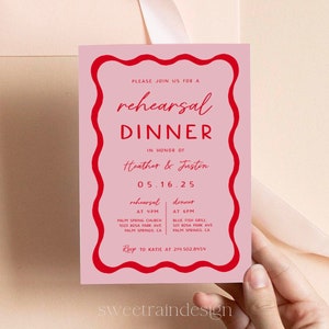 Pink and Red Rehearsal Dinner Invitation Templates, Retro Rehearsal Dinner, Wave Wedding Dinner Template, Wavy Squiggle  70s Wedding 22