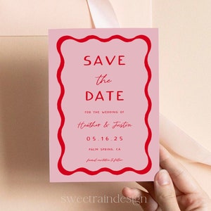 Pink and Red Save The Date Templates, Retro Save The Date Cards, Wave Invitations, Wavy Squiggle Invitations Template, 70s Wedding Invites22