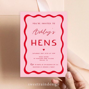 Pink and Red Hen Party Invitation Templates, Retro Hen Party Invites, Wave, Wavy Hens Invitations, Squiggle Invitation, Hens Night 22