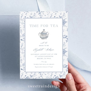 Bridal Shower Tea Party Invitation Templates, Vintage Floral, Dusty Blue Bridal Shower Invitations, Time For Tea, Tea With Bride To Be Be 14
