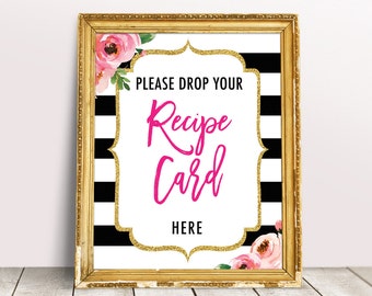 Recipe Card Sign, Recipe Card Drop Off Sign, Kate Bridal Shower Decor, Spade Shower Printable Sign, Hot Pink Recipe Sign, Recipe Card Here