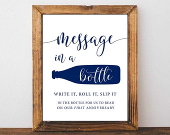 Message In A Bottle, Navy Wedding Signs, Message In A Bottle Sign, Wedding Printable, Beach Wedding Guest Book Sign, Wedding Guest Sign