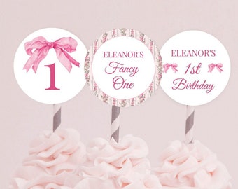 Fancy One Birthday Topper, Girls 1st Birthday Cake Topper Templates, Pink Bow Birthday Decorations, Coquette Cupcake Topper, Birthday Topper