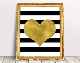 Kate Bridal Shower Decorations, Gold Foil Heart Print, Black White Stripes Baby Shower, Spade Inspired, Kate Party Sign, Gold Heart Poster