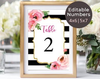 Floral Table Number Template, DIY Table Numbers, Kate Party Table Numbers Wedding Table Number Stripes Table Card Editable Template 4x6, 5x7